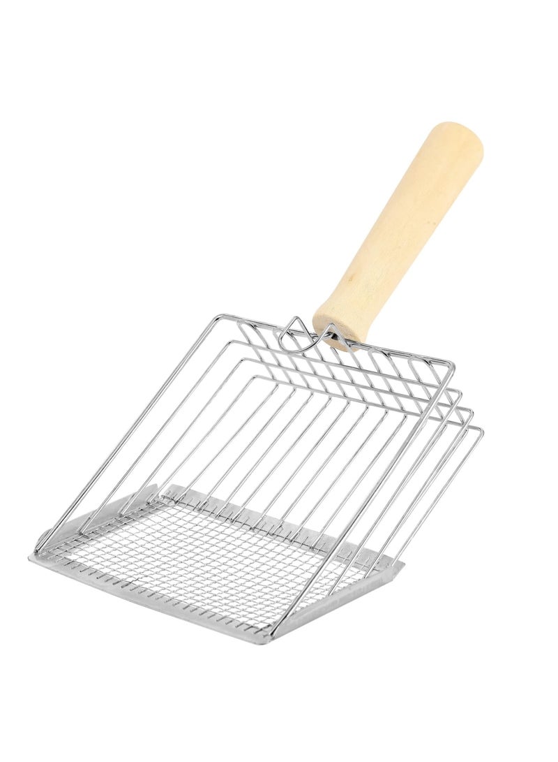 مغرفة فضلات معدنية بمقبض خشبي، مغرفة عميقة لجمع الفضلات وفلتر سريع، مجرفة فضلات للقطط لتنظيف صندوق الفضلات، مغرفة معدنية متينة للقطط الصغيرة (فضي) - Image 1